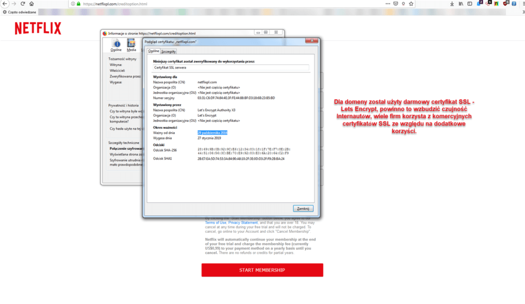 Certfikat SSL fałszywej strony Netflix